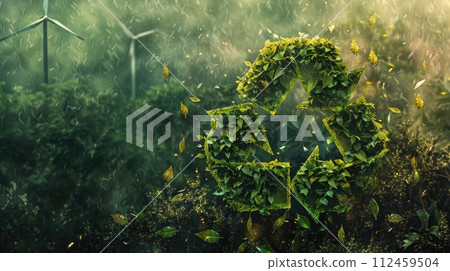 Green recycling symbol with sunrise over a field with wind turbines. Green energy solutions and sustainable power engineering and eco-friendly technology. Generative AI 112459504