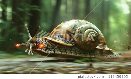 Snail turbo flames speed on a mission speeding through a snail at neon urban. Snail captured in a dynamic, sunlit scene, embodying movement and the beauty of nature. 112459505