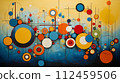Abstract blend of textured geometric shapes and circles, modern style. Modern abstract painting featuring a dynamic composition of geometric shapes in bold, vibrant colors on canvas. 112459506