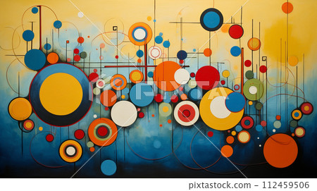 Abstract blend of textured geometric shapes and circles, modern style. Modern abstract painting featuring a dynamic composition of geometric shapes in bold, vibrant colors on canvas. 112459506