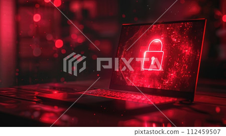 Cybersecurity. Padlock on a desk displaying on Laptop. Cyber attack on computer network, Virus, Spyware, Malware or Malicious software. Cybercrime. Compromised information internet. Generative AI 112459507