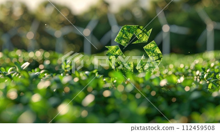 Green recycling symbol with sunrise over a field with wind turbines. Green energy solutions and sustainable power engineering and eco-friendly technology. Generative AI 112459508