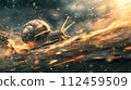 Snail turbo flames speed on a mission speeding through a snail at neon urban. Snail captured in a dynamic, sunlit scene, embodying movement and the beauty of nature. 112459509
