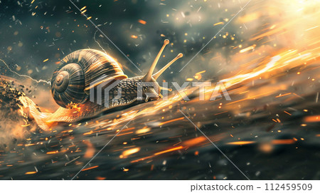 Snail turbo flames speed on a mission speeding through a snail at neon urban. Snail captured in a dynamic, sunlit scene, embodying movement and the beauty of nature. 112459509