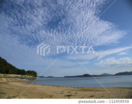 Horiuchi, Hagi City, Yamaguchi Prefecture, looking towards Mt. Shigetsu where the Hagi Castle ruins are located from the Kikugahama coast 112459559