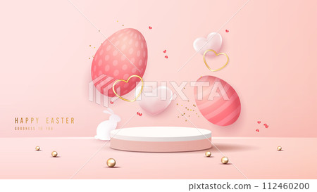 Happy Easter pink background and podium display for product presentation branding and packaging presentation. studio stage with eggs and rabbit background. vector design. Happy Easter pink background and podium display for product presentation branding and packaging presentation. studio stage with eggs and rabbit background. vector design. 112460200