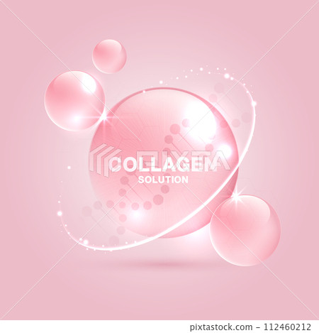 Collagen solution and DNA on a pink background. vitamin solution complex with chemical formula from nature. beauty treatment nutrition skin care design. medical and scientific concepts. vector design. 112460212