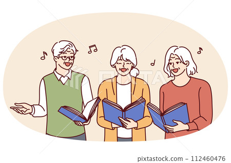 Chorus elderly men and women with workbooks in hands singing song together and enjoying old age Chorus elderly men and women with workbooks in hands singing song together and enjoying old age 112460476