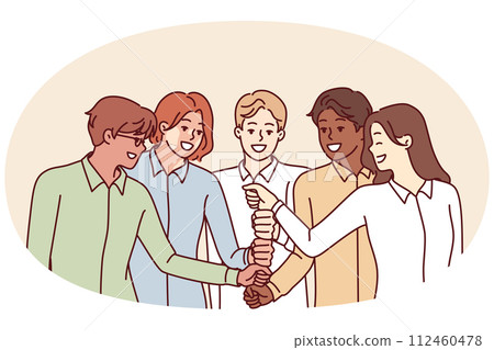 Happy diverse business team of employees celebrating success by touching with fists in center Happy diverse business team of employees celebrating success by touching with fists in center 112460478