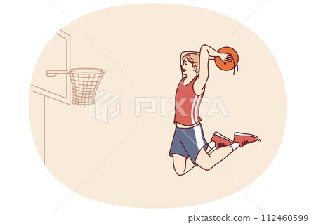 Basketball player bounces with ball in hands to score goal in hoop and defeat opposing team Basketball player bounces with ball in hands to score goal in hoop and defeat opposing team 112460599