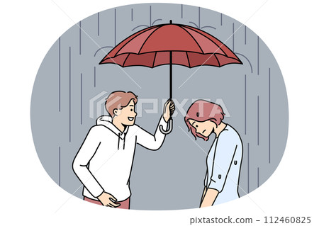 Caring man cover unhappy woman with umbrella Caring man cover unhappy woman with umbrella 112460825