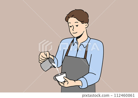 Man barista prepares delicious coffee with fresh cream, working in trendy coffee shop or restaurant 112460861