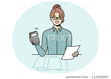 Female accountant calculate taxes on machine 112460865