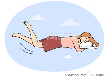 Happy woman levitate in air sleeping on pillow Happy woman levitate in air sleeping on pillow 112460868