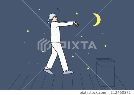 Sleepwalking man walks on roof of house at night, walking in unconscious state due to somnambulism 112460871