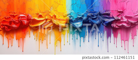 Abstract multicolored banner with colored oil streaks. Colorful paint dripping down on white background Abstract multicolored banner with colored oil streaks. Colorful paint dripping down on white background 112461151