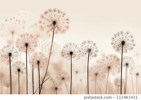 Wallpaper with dandelions flowers in neutral monochrome color palette. 112461431
