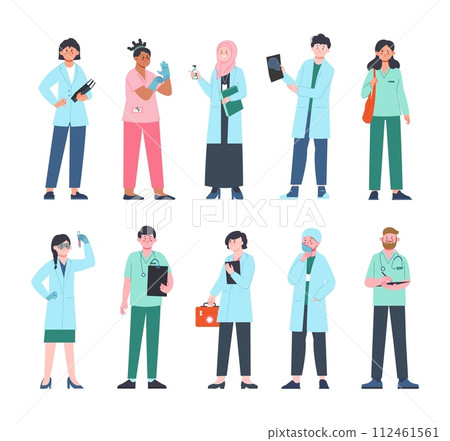 Medical team. Doctors working, nurses in uniform and administrative hospital characters. Healthcare workers, clinic and ambulance, splendid vector set Medical team. Doctors working, nurses in uniform and administrative hospital characters. Healthcare workers, clinic and ambulance, splendid vector set 112461561