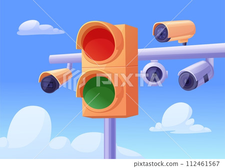 Road security. Enforcement cameras on traffic light. Cctv, police radar on urban modern roans. Monitoring systems, control nowaday vector scene Road security. Enforcement cameras on traffic light. Cctv, police radar on urban modern roans. Monitoring systems, control nowaday vector scene 112461567