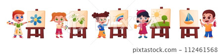 Children drawing on easels. Cute artists, little children painting. Draw creative lessons, art school students. Kindergarten nowaday vector characters 112461568