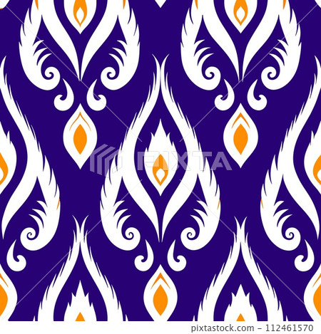 Curvy lines weave through a tapestry of precise ikat patterns. 112461570