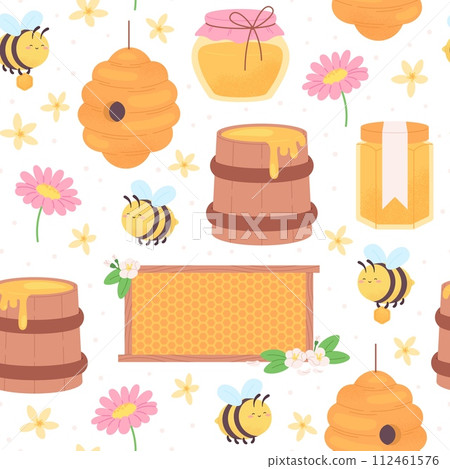 Beekeeping seamless pattern. Sweet honey jar, honeycombs and cute cartoon bee. Flat wooden barrel and flowers, seasonal racy vector background Beekeeping seamless pattern. Sweet honey jar, honeycombs and cute cartoon bee. Flat wooden barrel and flowers, seasonal racy vector background 112461576
