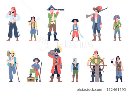 Pirates characters. Men and boys in pirate costumes. Performance or street theater actors. Sea robbers wear hats, hang spyglass, recent vector set 112461593