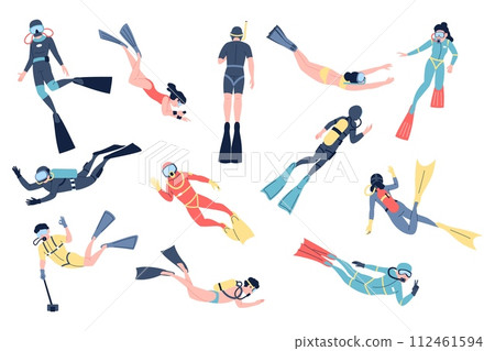 Divers characters. People diving with oxygen balloons and masks. Scuba diver and gear, underwater swimming in sea or ocean recent vector set 112461594