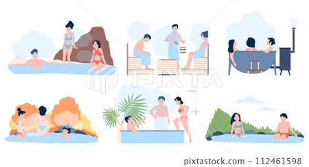 Hot thermal springs. People resting and relaxation in sauna, bath tubes and water natural spring. Wellness procedures, steam room, recent vector scenes Hot thermal springs. People resting and relaxation in sauna, bath tubes and water natural spring. Wellness procedures, steam room, recent vector scenes 112461598