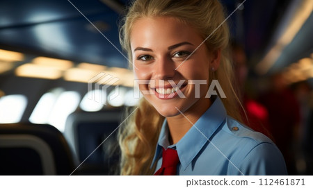 Portrait of a smiling young blonde woman in a blue shirt and red tie 112461871
