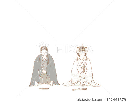 身著日式服裝的新娘和新郎端坐並鞠躬(角隱) 身著日式服裝的新娘和新郎端坐並鞠躬(角隱) 112461879
