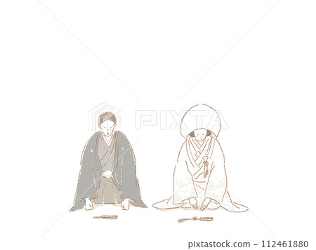 新郎和新娘穿著和服，端坐鞠躬（棉帽） 112461880