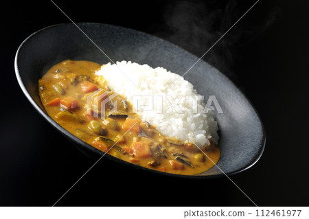 A photo of piping hot curry rice with plenty of vegetables such as pork, pumpkin, and carrots against a black background. A photo of piping hot curry rice with plenty of vegetables such as pork, pumpkin, and carrots against a black background. 112461977
