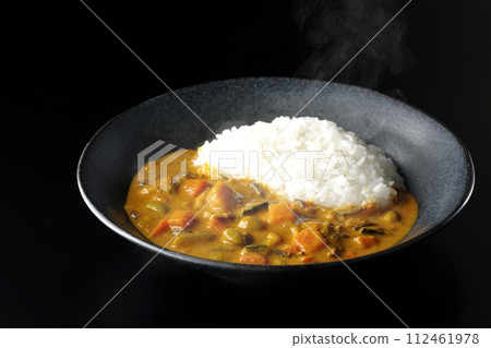 A photo of piping hot curry rice with plenty of vegetables such as pork, pumpkin, and carrots against a black background. A photo of piping hot curry rice with plenty of vegetables such as pork, pumpkin, and carrots against a black background. 112461978