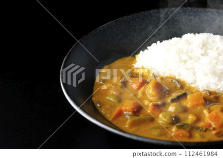 A photo of piping hot curry rice with plenty of vegetables such as pork, pumpkin, and carrots against a black background. A photo of piping hot curry rice with plenty of vegetables such as pork, pumpkin, and carrots against a black background. 112461984