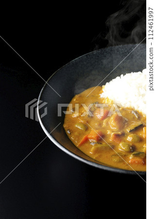 A photo of piping hot curry rice with plenty of vegetables such as pork, pumpkin, and carrots against a black background. 112461997