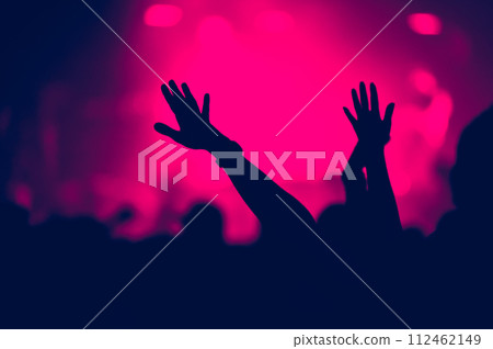 Crowd with outstreched arms at concert 112462149