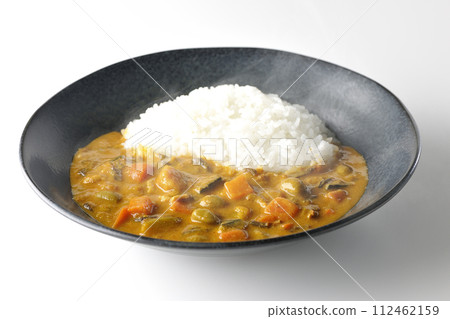 A photo of piping hot curry rice with plenty of vegetables such as pork, pumpkin, and carrots against a white background. A photo of piping hot curry rice with plenty of vegetables such as pork, pumpkin, and carrots against a white background. 112462159