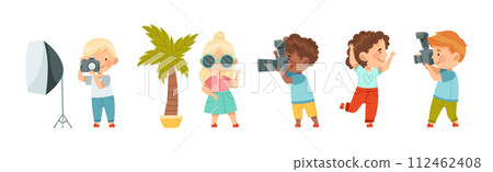Cute Little Boy and Girl with Camera Taking Photograph Vector Set Cute Little Boy and Girl with Camera Taking Photograph Vector Set 112462408