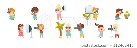 Cute Little Boy and Girl with Camera Taking Photograph Vector Set Cute Little Boy and Girl with Camera Taking Photograph Vector Set 112462415
