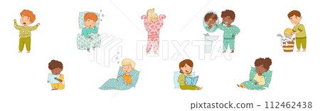Little Boy and Girl Getting Ready to Bed Wear Pajama Vector Set 112462438