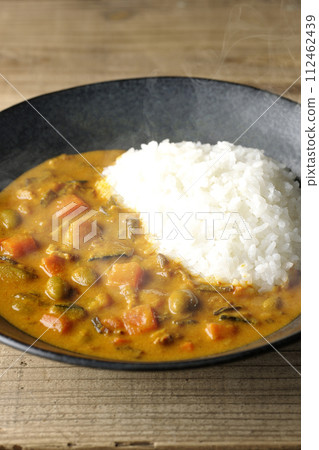 熱咖哩飯加入了大量的蔬菜,如豬肉、南瓜和胡蘿蔔。 熱咖哩飯加入了大量的蔬菜,如豬肉、南瓜和胡蘿蔔。 112462439