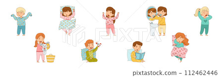 Little Boy and Girl Getting Ready to Bed Wear Pajama Vector Set 112462446