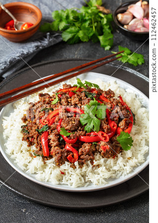 Thai holy basil stir fry with ground beef on plate Thai holy basil stir fry with ground beef on plate 112462457
