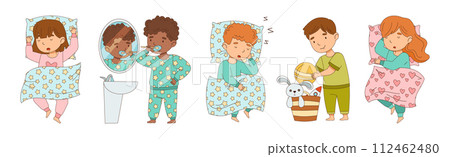 Little Boy and Girl Getting Ready to Bed Wear Pajama Vector Set 112462480