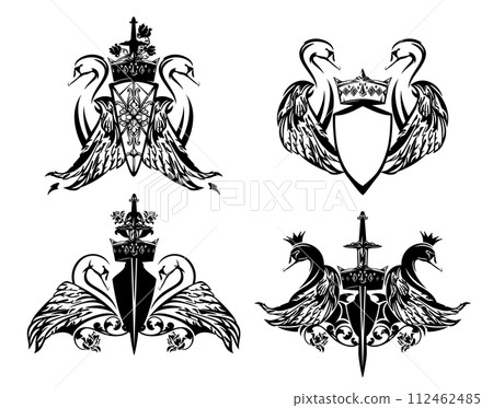 black and white vector heraldry with shield, sword, crown and two swan birds 112462485