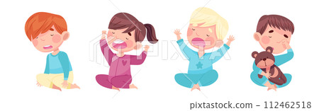 Sleepy Little Boy and Girl Wearing Pajamas Stretching and Yawning Vector Set 112462518