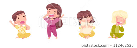 Sleepy Little Boy and Girl Wearing Pajamas Stretching and Yawning Vector Set 112462523