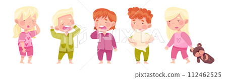 Sleepy Little Boy and Girl Wearing Pajamas Stretching and Yawning Vector Set 112462525