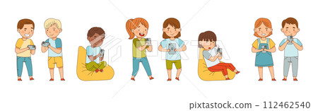 Kids with Mobile Gadget Use Electronic Devices Vector Set 112462540